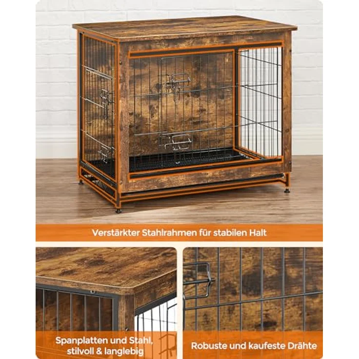 Feandrea Hundekäfig Möbel, Beistelltisch, Hundebox, moderne Hundehütte Indoor für Hunde bis zu 14 kg, vintagebraun, hochbelastbar – Bild 3
