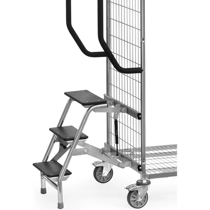 FETRA Transportwagen mit Trittstufen, 3-stufig, rutschfeste Holzplatten, Greifhöhe 2800 mm, Stahlrohrrahmen