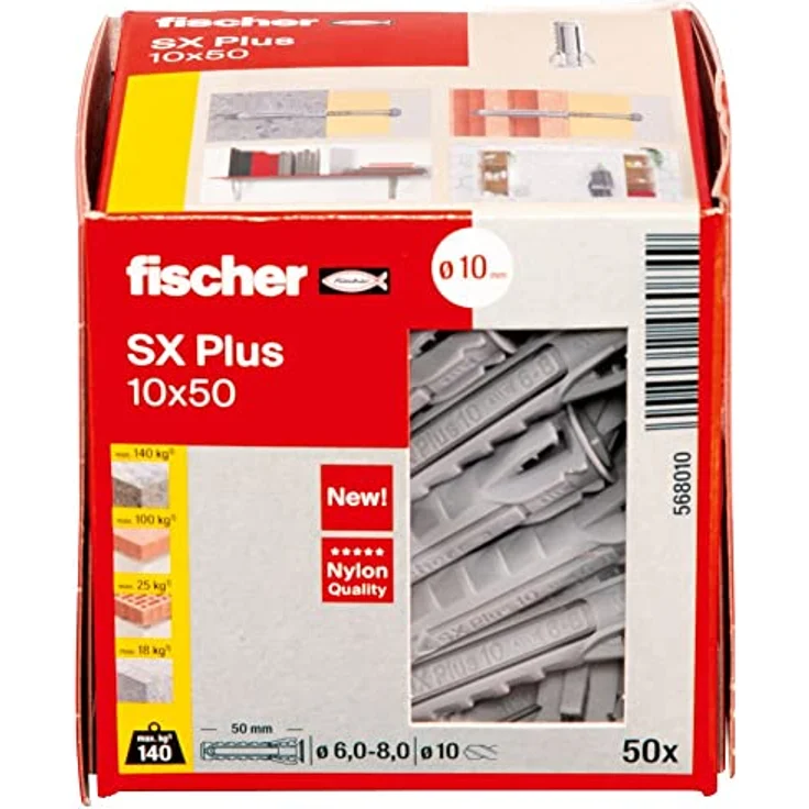 fischer Spreizdübel SX Plus 10 x 50, Schachtel mit 50 Nylondübeln, Dübel für optimalen Halt bei Befestigungen in Beton, Vollziegel, Porenbeton, Hochlochziegel uvm. – Bild 2