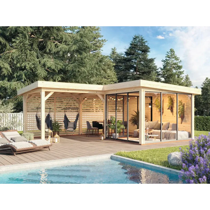 Palmako Pavillon Lenna Slide Plus 24,9 m², Gartenhaus mit Isolierglas-Schiebetüren, 588 x 588 cm, tauchimprägnierte Oberfläche, braun