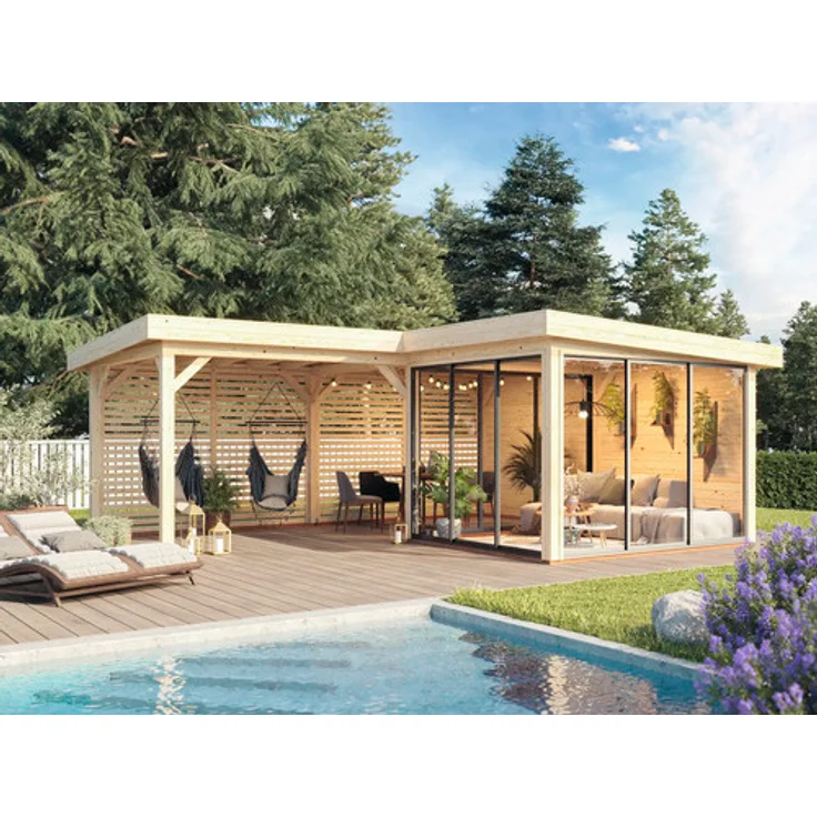 Palmako Pavillon Lenna Slide Plus 24,9 m², Gartenhaus mit Isolierglas-Schiebetüren, tauchimprägniert grau, 588 x 588 cm