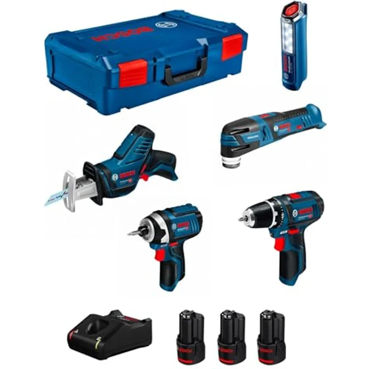 Bosch Akku-Maschinen-Set '5-Tool-Kit Professional GSR' 12 V, mit 3 Akkus, Ladegerät und Werkzeugkoffer für bohren, schrauben und sägen – Bild 1