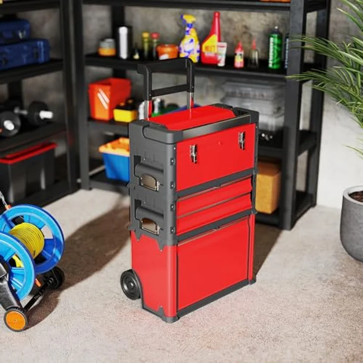 HOMCOM Werkzeugwagen, 3-teilig mit Koffer und teleskopischem Griff, modular, max. Traglast 45 kg, Rot – Bild 8