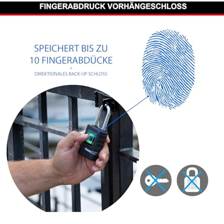 Master Lock 4901EURDLHCC Biometrisches Schwelast-Vorhängeschloss (Wetterfest) (Fingerabdruck-Schloss und Not-Richtungsschloss) (langer Bügel) -Geeignet für Anwendungen im Freien – Bild 3