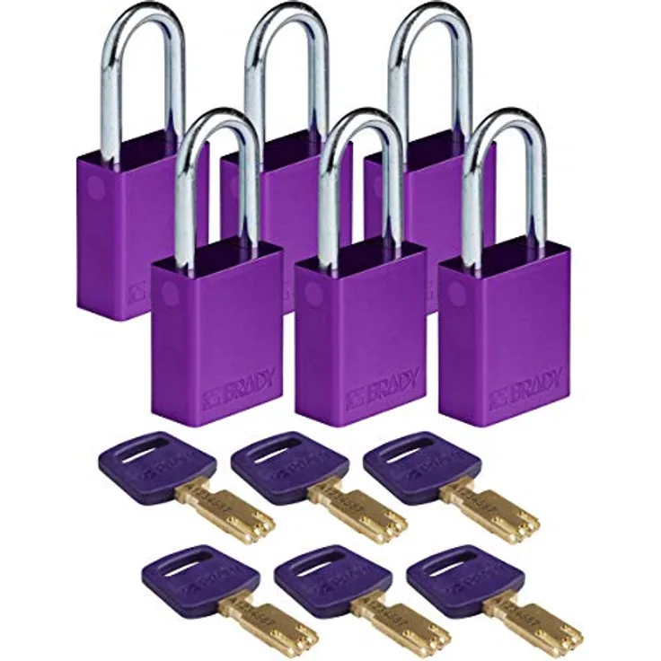 Brady (ALU-PRP-38ST-KD6PK) SafeKey Anodized Aluminum Lockout-Vorhängeschloss Mit Stahl Bügel 38.00 mm Lila KD - Verschiedenschließende Schlösser 6 Stück