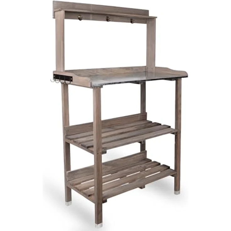UNUS GARDEN Pflanztisch Pflanzregal verzinkter Arbeitsfläche Grau 76 cm x 38 cm x 91 cm (BxTxH), Massivholz, Gärtnertisch Blumentisch – Bild 2