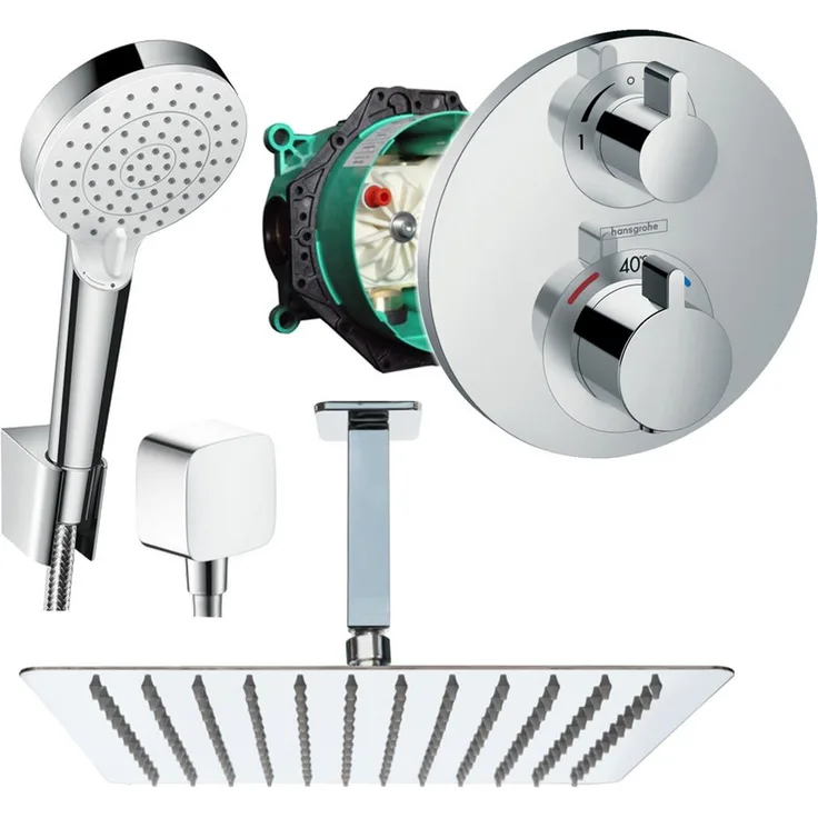 Hansgrohe Ecostat S Thermostat Unterputz-Duschsystem mit Deckenanschluss, Chrom, für 2 Verbraucher, inkl. Jowi Kopfbrause 250/300/360mm