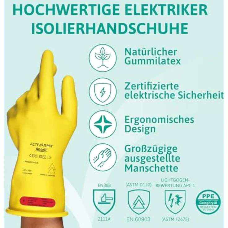 Ansell ActivArmr Elektriker-Schutzhandschuhe, Elektroschutz Klass 0 (1000V), Gummihandschuhe 28cm, Gelb, Größe XL (1 Paar) – Bild 2