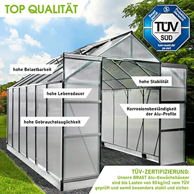 BRAST Gewächshaus Aluminium 380x250x235cm, TÜV geprüft, mit Fundament, 6mm Hohlkammerplatten, rostfrei, wetterfest, grau – Bild 3