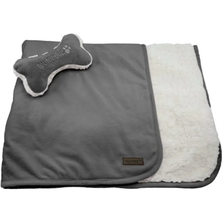 FouFou Dog Sherpa Decke für Welpen-Set Luxe mit Knochen Kissen, anthrazit grau