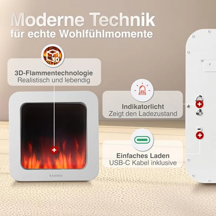 KAMINIO Elektrischer Tischkamin Mia L - 3D-Flammeneffekt, tragbarer Akku, Wand- und Tischmontage (Weiß, 10"/25cm) – Bild 4