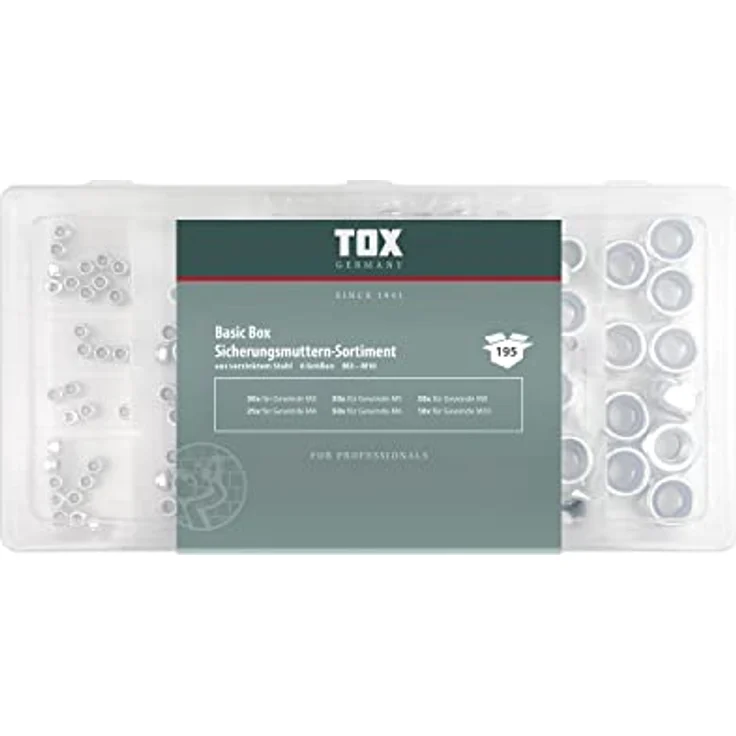 TOX Sicherungsmuttern-Sortiment aus verzinktem Stahl, Sechskantmuttern mit Polyamidklemmteil in 6 gängigen Größen in transparenter Transportbox, 195-tlg. – Bild 2