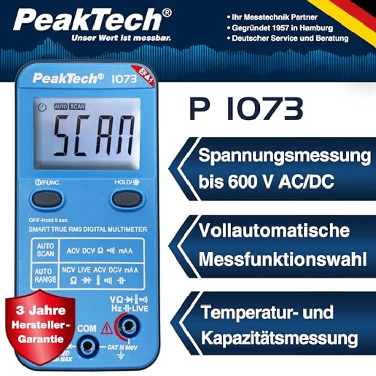 PeakTech 1073 True RMS SMART Multimeter, Auto-Range, 4.000 Counts, Durchgangsprüfer, Mehrfach-Messgerät, Voltmeter; 600V - 10A, NCV und Live-Test in Blau/Rot – Bild 2