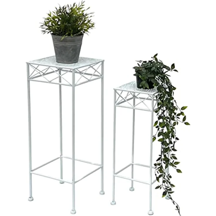DanDiBo Blumenständer 2er Set, Weiß Metall, Eckig Beistelltisch für Pflanzen und Kräuter – Bild 1