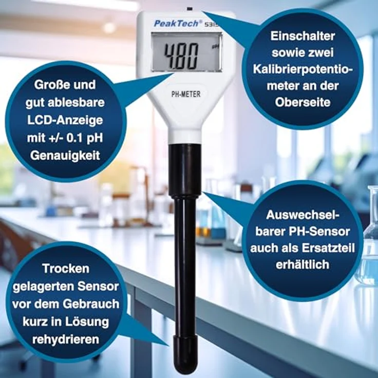 PeakTech 5315 pH-Messgerät, extra dünne Sonde für Aquarium und Pool, LCD mit Hintergrundbeleuchtung – Bild 3