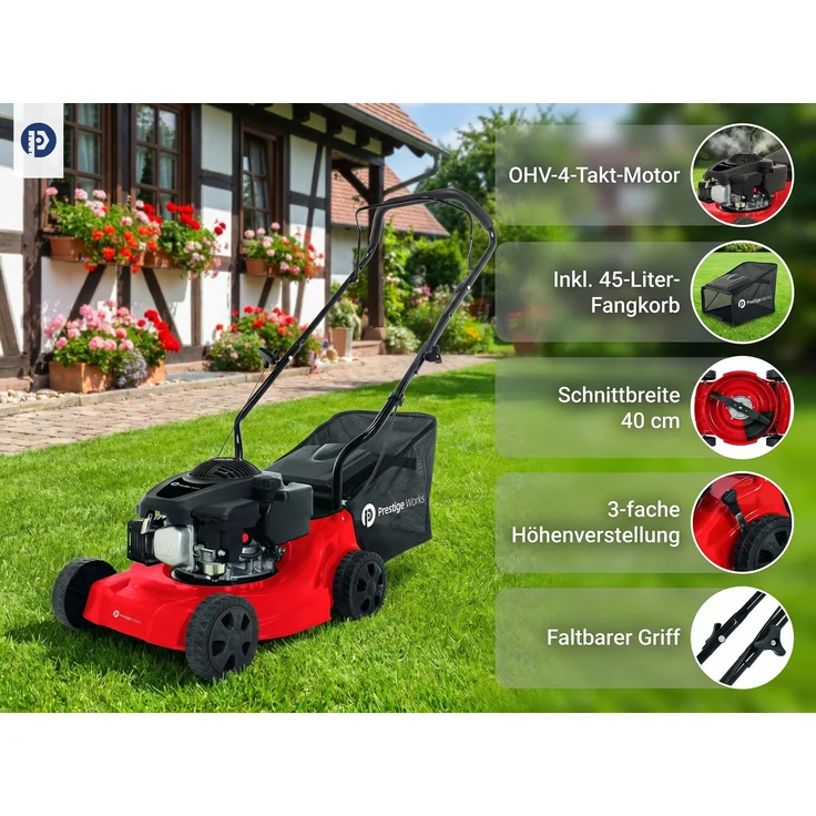Prestige Works Benzin-Rasenmäher BPM132, 40 cm, 131 cm³, 3,3 PS mit 35L Fangbox und schnitthöhenverstellung in 3 Stufen