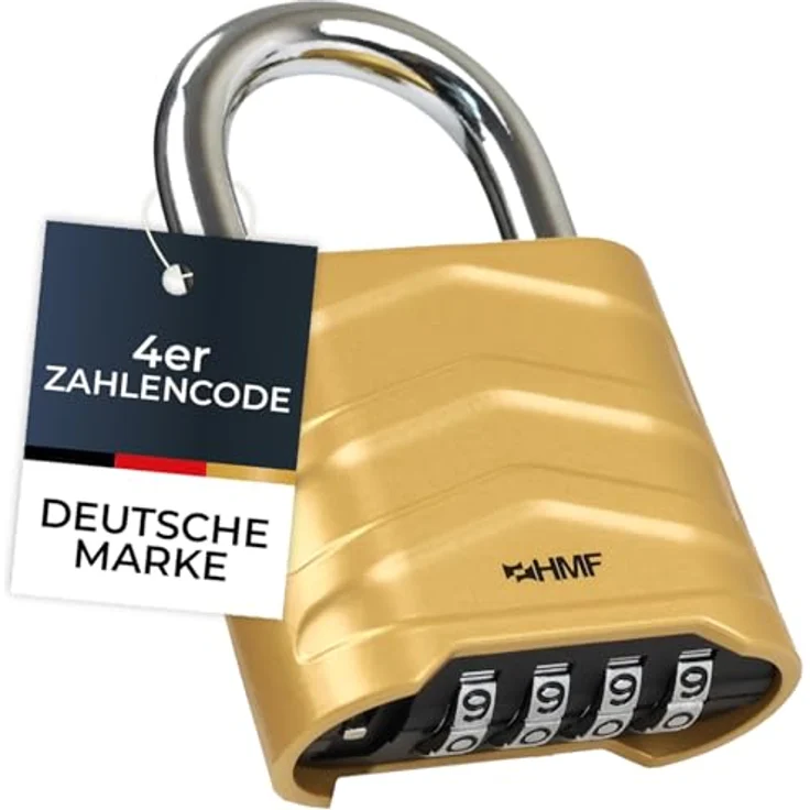 HMF Zahlenschloss Vorhängeschloss, robustes Schloss mit 4-stelligem Zahlencode aus Aluminiumlegierung, 5,6 x 2,6 x 8,7 cm, Gold – Bild 1