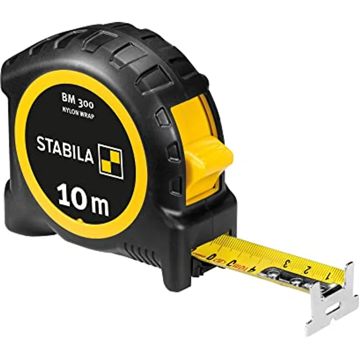 STABILA Taschenbandmaß BM 300, 10 m, doppelseitige 1000er-Skala, bruchsicheres Gehäuse, SPIKES-Haken, Gürtel-Clip, MID-Genauigkeit