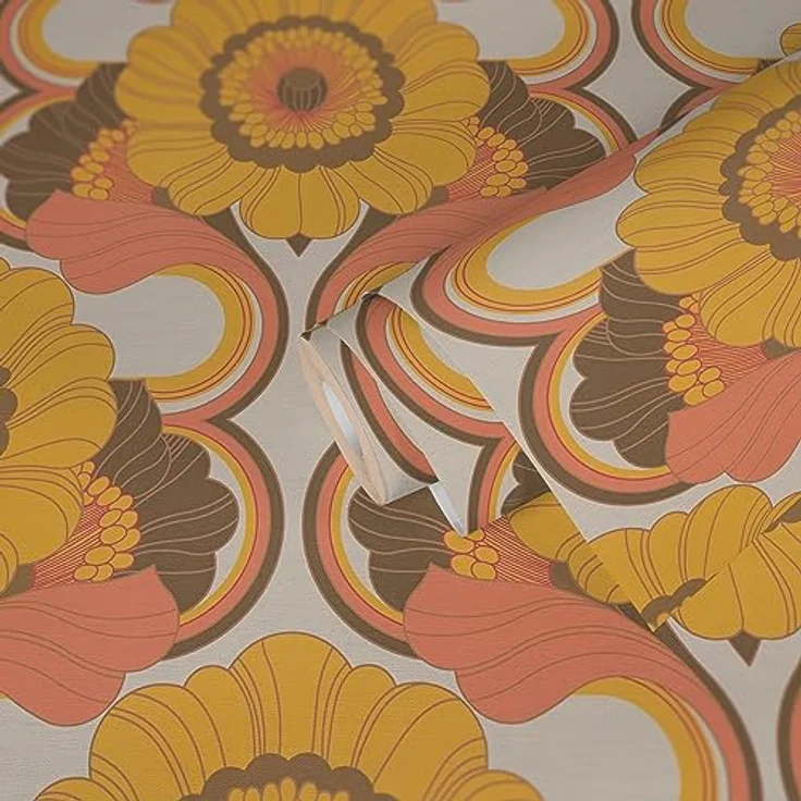 A.S. Création Retro-Tapete 70er Jahre, Vliestapete mit Blumenmuster in Gelb, Orange, Braun, 0,53 x 8,5 m, Made in Germany – Bild 3