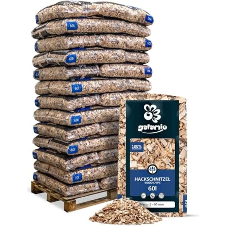 GALAMIO Holzhackschnitzel Mulch aus Kiefer (Pinus Sylvestris), grob 5-60mm, 39 Säcke à 60l, 2.340l, für Garten und Hochbeet, natürliche Bodenabdeckung