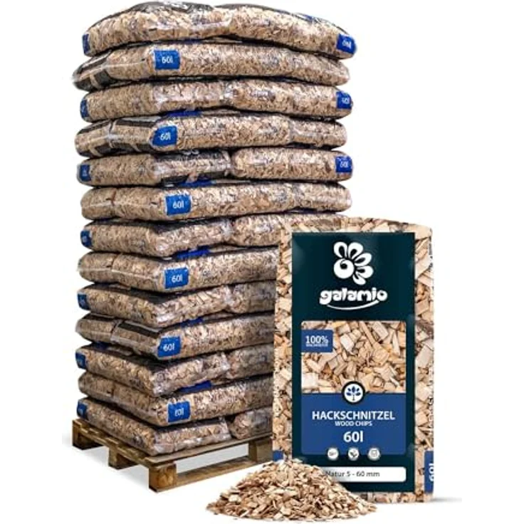 GALAMIO Holzhackschnitzel Mulch aus Kiefer (Pinus Sylvestris), grob 5-60mm, 39 Säcke à 60l, 2.340l, für Garten und Hochbeet, natürliche Bodenabdeckung – Bild 1