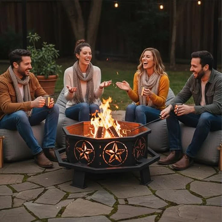 Relaxdays Achteckige Feuerschale, HxD: 36 x 82 cm, mit Schürhaken, Stahl, Sternenmuster, schwarz – Bild 3