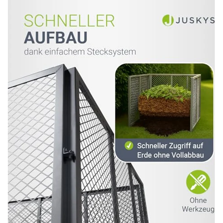 Juskys Metall Komposter 450 L, verzinkter und pulverbeschichteter Stahl mit optimaler Belüftung durch Gitterrahmen, wetterfest – Silber – Bild 5