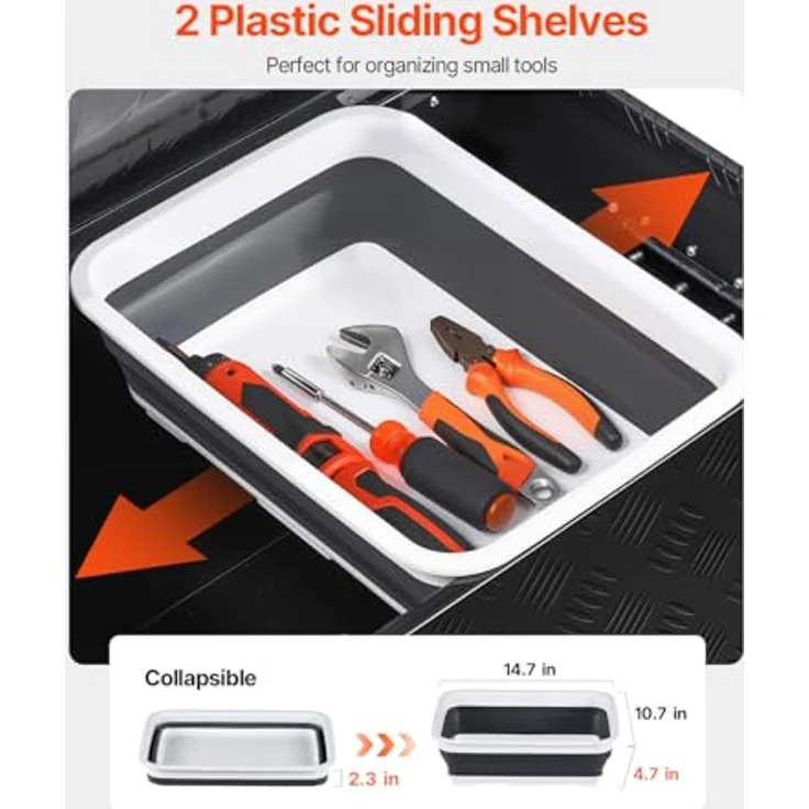 VEVOR Aluminium Werkzeugkasten für Ladefläche, gestreifte Werkzeugkiste 899 x 370 x 370 mm, mit seitlichem Griff & ausziehbarem Regal, Schwarz – Bild 3