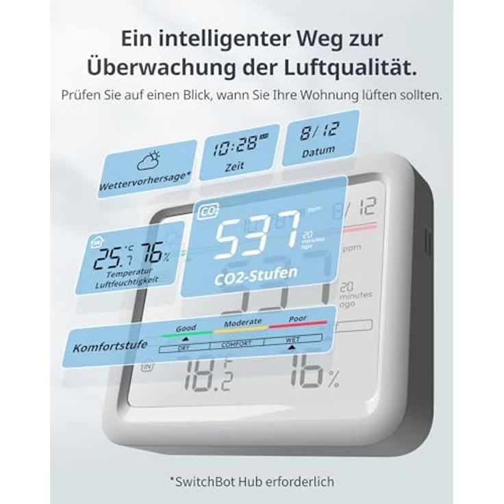 SwitchBot Meter Pro CO2-Melder, Messgerät mit CO2-Alarmauslöser, Thermometer, Hygrometer und Bluetooth-App, 2 Jahre Datenspeicher, Hub erforderlich – Bild 2