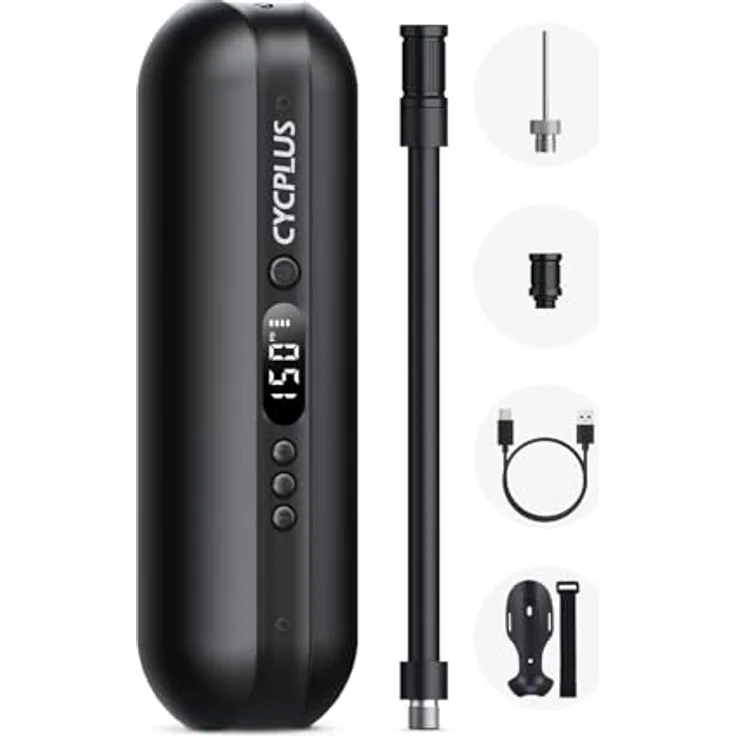CYCPLUS A2 Luftpumpe 150PSI, Elektrischer Kompressor mit Digital LED Anzeige, wiederaufladbar, integrierte Powerbank und Taschenlampe, tragbar für Fahrräder, Motorräder und Autos