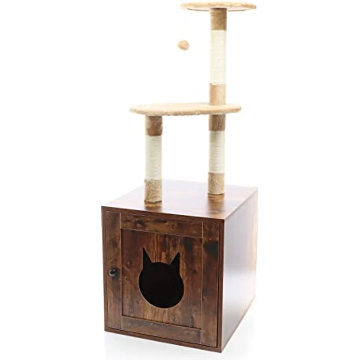 Fudajo Kratzbaum aus Holz 125 cm mit Katzenhaus, Design Katzenkratzbaum in Vintagebraun, 2in1 Katzenhaus mit Katzenklo, Kletterbaum für Katzen – Bild 4