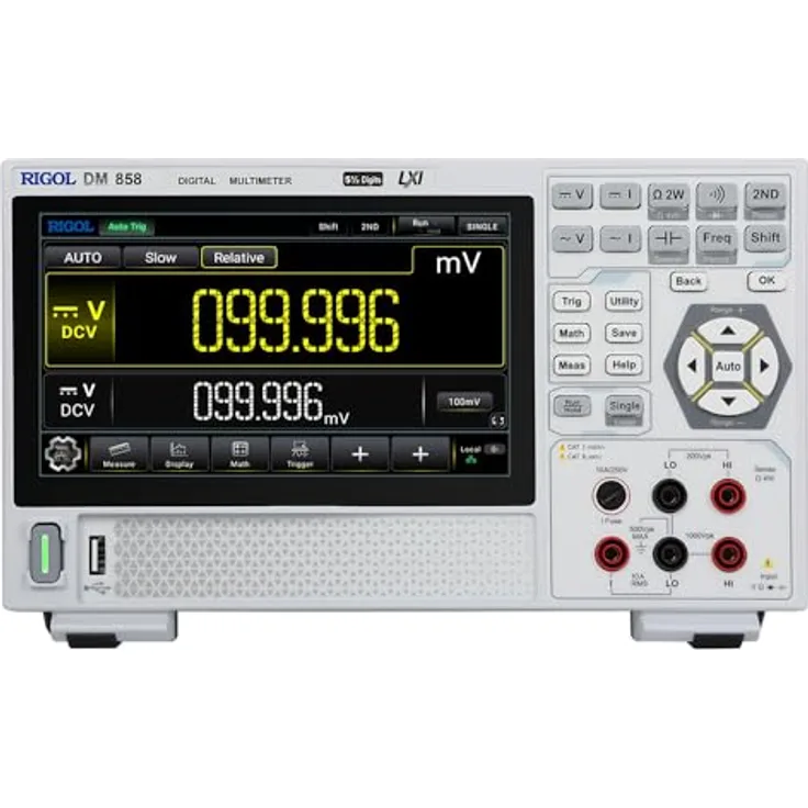 RIGOL DM858 Tragbares Tischmultimeter, 5½ bit TRMS, 0,03% DCV Genauigkeit, 125 rdgs/s, 7" Farb-Touchscreen, mobile Stromversorgung, 500.000 Punkte Protokollierung