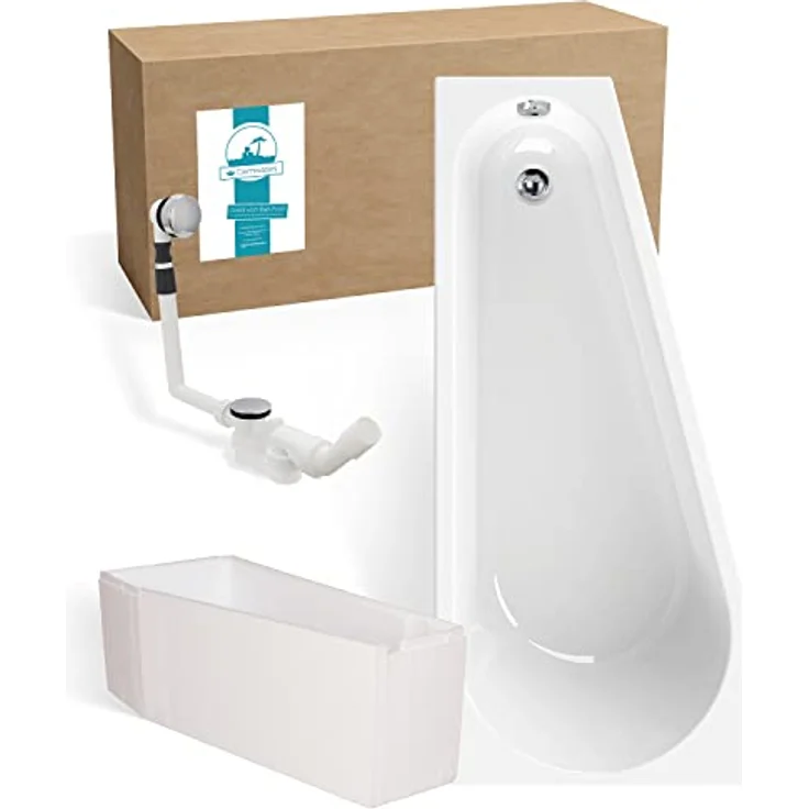 Calmwaters® Eckbadewanne Essential Small, 160x70 cm, Weiß, mit Wannenträger und Überlaufgarnitur – Bild 1