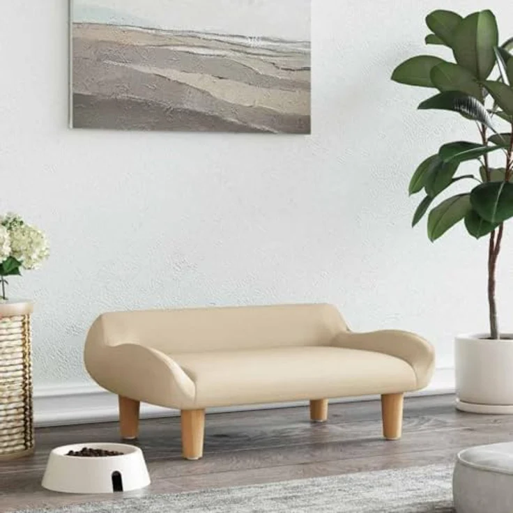 vidaXL Hundekorb Hundebett Creme 70x40x24 cm Stoff Körbchen Hundesofa mit massivem Kiefern- und Eukalyptusholzrahmen – Bild 2