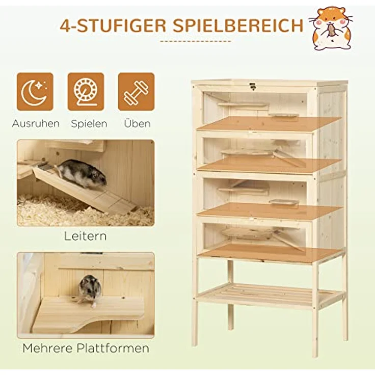 PawHut Kleintierkäfig 5 Etagen mit Gitterdach Rampen Kleintierstall Käfig Nagerkäfig Meerschweinchenstall Tannenholz Naturholz 60 x 40 x 120 cm, Aktivitätszentrum, Sicher, Viel Licht, Einfache Reinigung – Bild 4