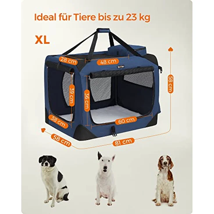 Feandrea Hundebox faltbar, Transportbox Hund, Größe XL, Hundetasche, Oxford-Gewebe, Netzstoff, atmungsaktiv, tragbar, transportabel, Metallrahmen, mit Griffen, Taschen, 81 x 58 x 58 cm, dunkelblau – Bild 5
