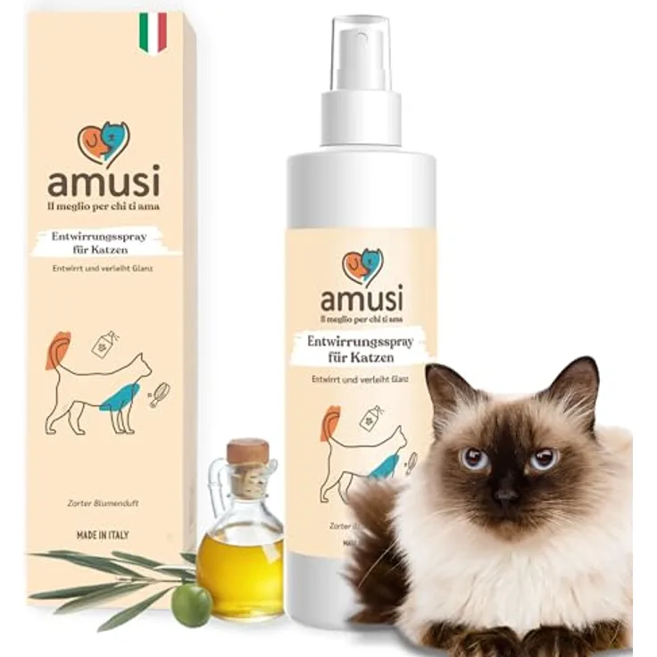 Amusi Fellpflege Katzen Haar Entwirrungsspray, 100% Natürlich und Vegan, 250 ml, für alle Fellarten, löst Knoten und macht das Fell weich und glänzend, ohne Ausspülen, mit floralen Noten