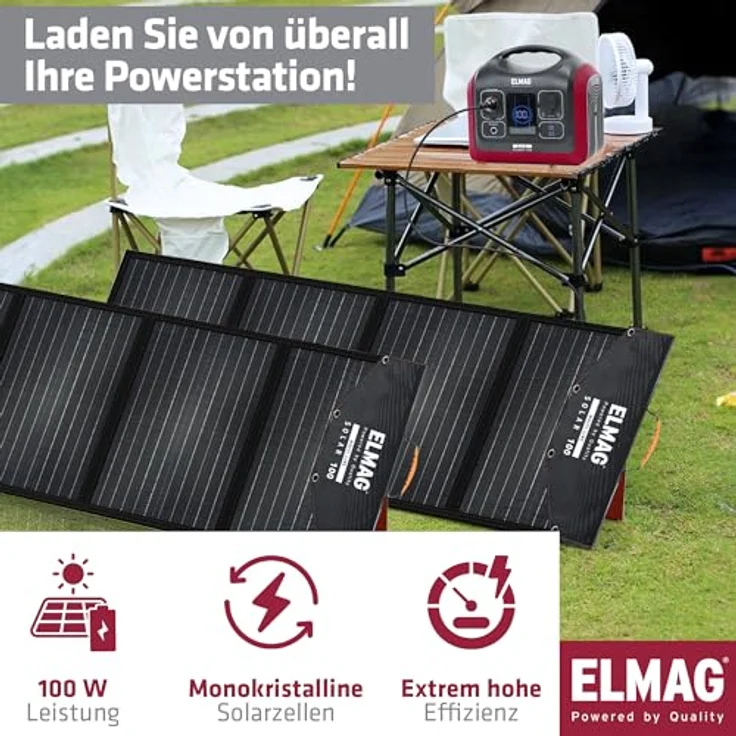 Elmag Faltbares Solarpanel SOLAR 100 DUO, monokristallin, 2x100Wp, kompaktes Design mit integrierten Stützfüßen und Befestigungsösen – Bild 2