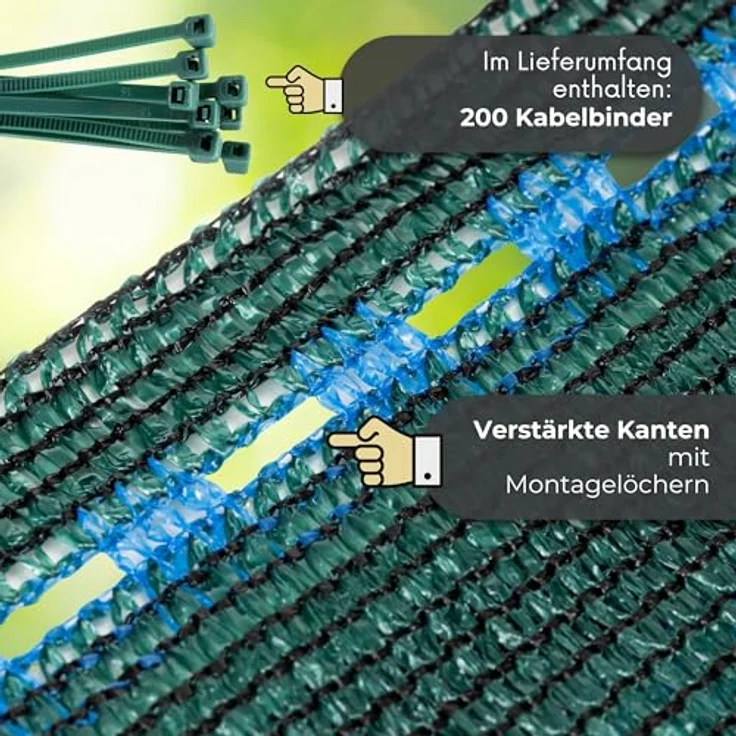 SPRINGOS Schattiernetz 1 x 50 m, Beschattungsnetz 140 g/m² in Grün, inkl. 200 Kabelbinder – 90% Schattenwirkung, optimaler Sichtschutz – Bild 3