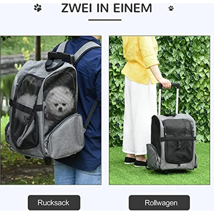PawHut Hundetrolley Transporttasche Tragetasche für Tiere Trolley 2-in-1 Haustierrucksack Hundetasche mit Tür und Fenster atmungsaktiv Oxfordstoff Grau 42 x 25 x 55 cm – Bild 4