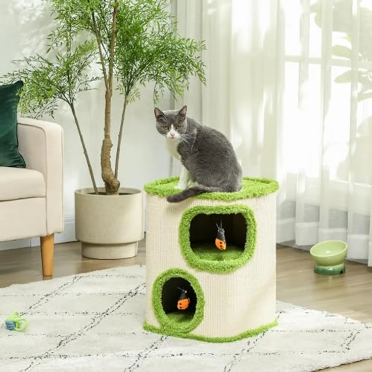 PawHut Kratztonne, 52 cm Katzentonne mit 2 Höhle, Grün+Cremeweiß, aus Sisal, für Katze bis 5 kg – Bild 2