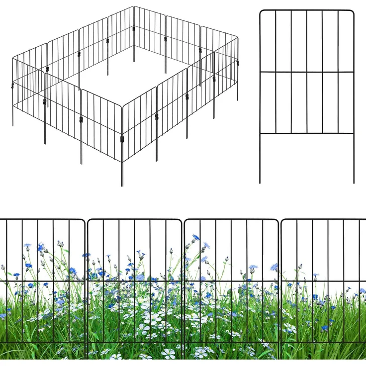 GOPLUS 15 Stück Gartenzaun Set, 60 cm hohe faltbare Zaunpaneele aus rostfreiem Metall, schwarz, für Hunde, Rasen und Garten