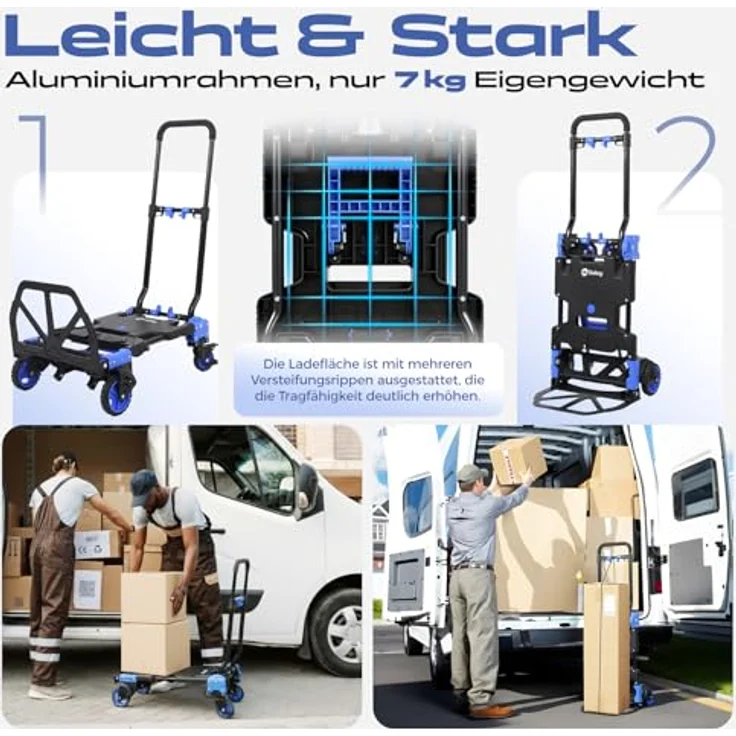 Sekey Sackkarre Alu 2-in-1, Klappbar bis 150 kg Tragkraft, Plattformwagen mit Bremse, ergonomischem Griff, schwarz/blau – Bild 3