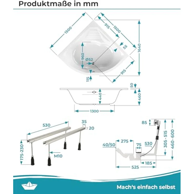 Calmwaters Eckbadewanne Curved Wellness 150x150 cm, mit Schürze, Wannenfüßen & Ablaufgarnitur, 300 l Wasserinhalt, erhöhte Sitzfläche – Bild 5
