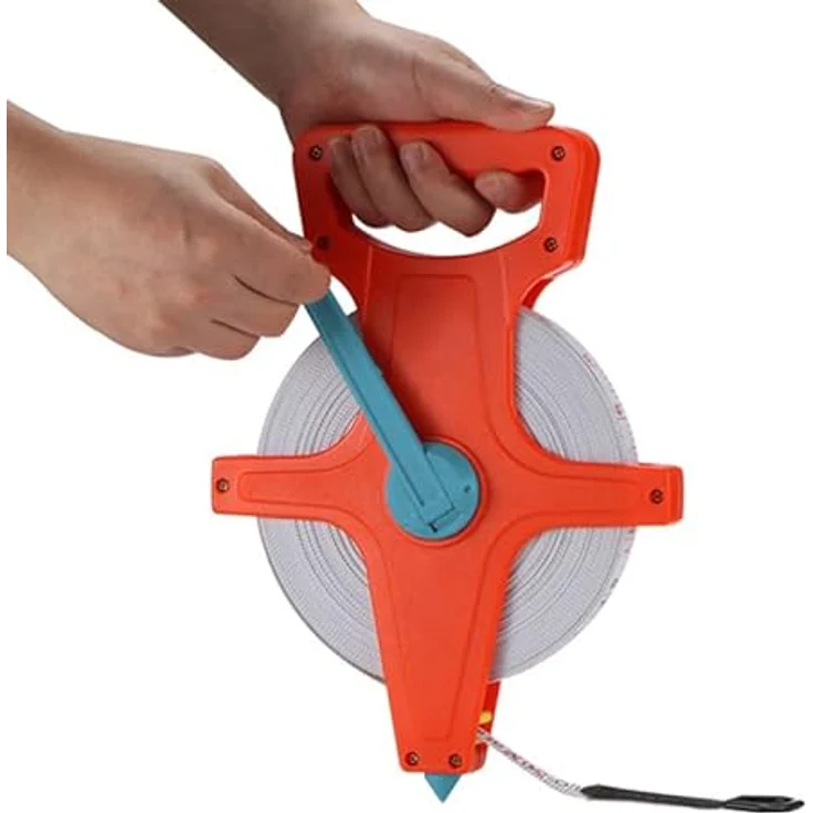 Retoo Maßband 50m, Rollbandmaß mit ausklappbarer Kurbel, ergonomischem Handgriff, Zoll- und Meter-Skala, Kunststoff gelb, beidseitig markiert – Bild 2