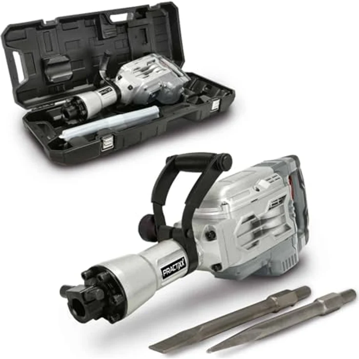 Practixx Abbruchhammer PX-AB-55, 55J Schlagkraft, 1700W, 1900BPM, SDS HEX Aufnahme mit Softgrip, inkl. Spitz- und Flachmeißel (410mm) & Transportbox mit Rollen – Bild 1