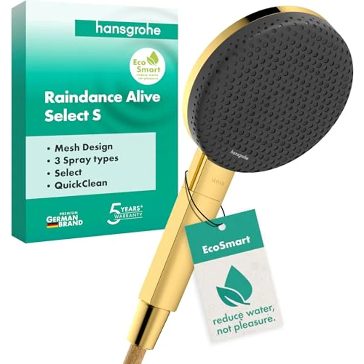 hansgrohe Raindance Alive Select S, Duschbrause mit Wassersparfunktion, Anti-Kalk und drei Strahlarten, polierte Gold-Optik, 7,1 l/min – Bild 1