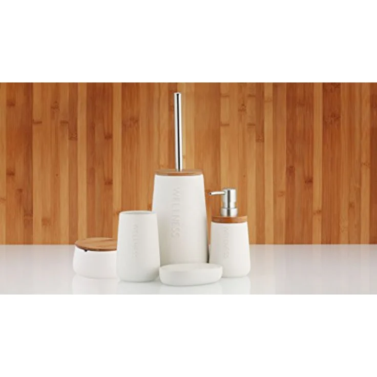 axentia WC Garnitur aus Dolomit in Grau mit Bambus & Edelstahl Griff - Toilettenbürste mit Halter stehend - Bürstengarnitur ohne Bohren - WC Bürste & Behälter – Bild 2