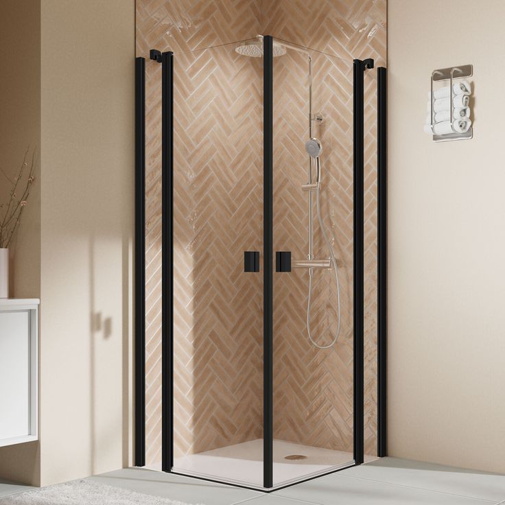Breuer Duschkabine 'Elana 2.0', Eckeinstieg mattschwarz, 90 x 90 x 200 cm, 6 mm Sicherheitsglas, 4-teiliges Set mit Hebe-Senkmechanismus
