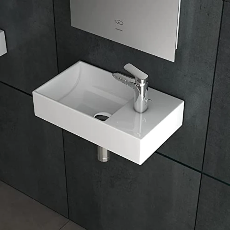 Alpenberger Keramik Waschbecken Klein Gäste WC Lösung | Mini Handwaschbecken | Designer Wandwaschbecken | Kleiner Waschplatz zur Wandaufhängung | Badwaschtisch 45 cm Breit | Pflegeleichtes Becken – Bild 2